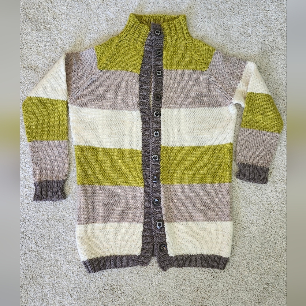 VINTAGE Striped Hand Knit Cardigan Sweater - Green, Cream, and Brown